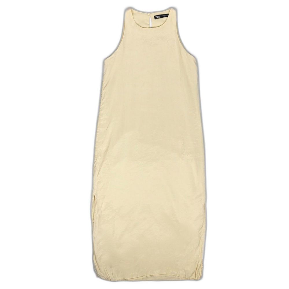ZARA Pale Yellow 90s Minimal Column Crew Neck Sleeveless Side Slit Midi Dress XS